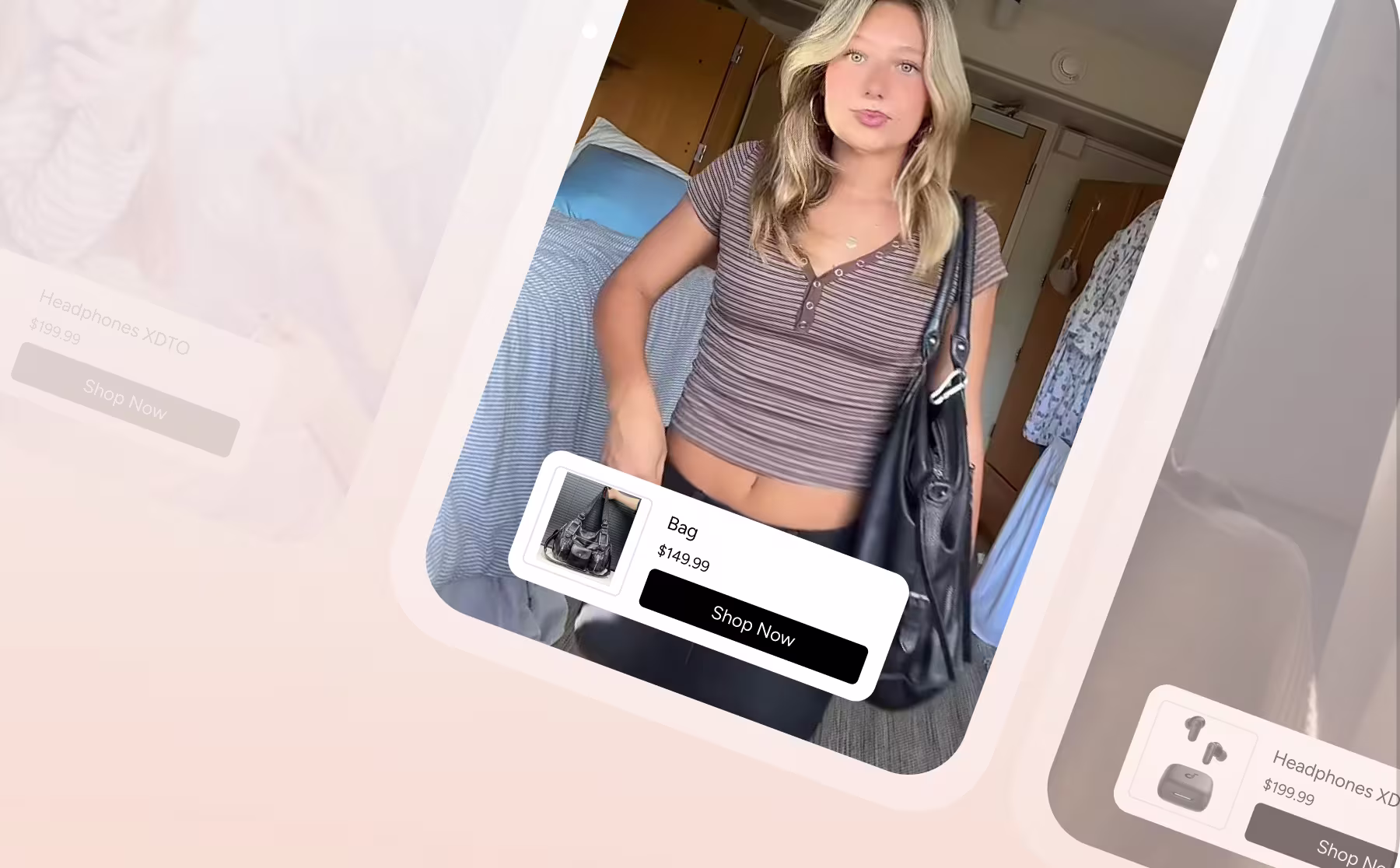 A fashion video-style product ad showing a woman carrying a bag with a “Shop Now” product tag overlay.