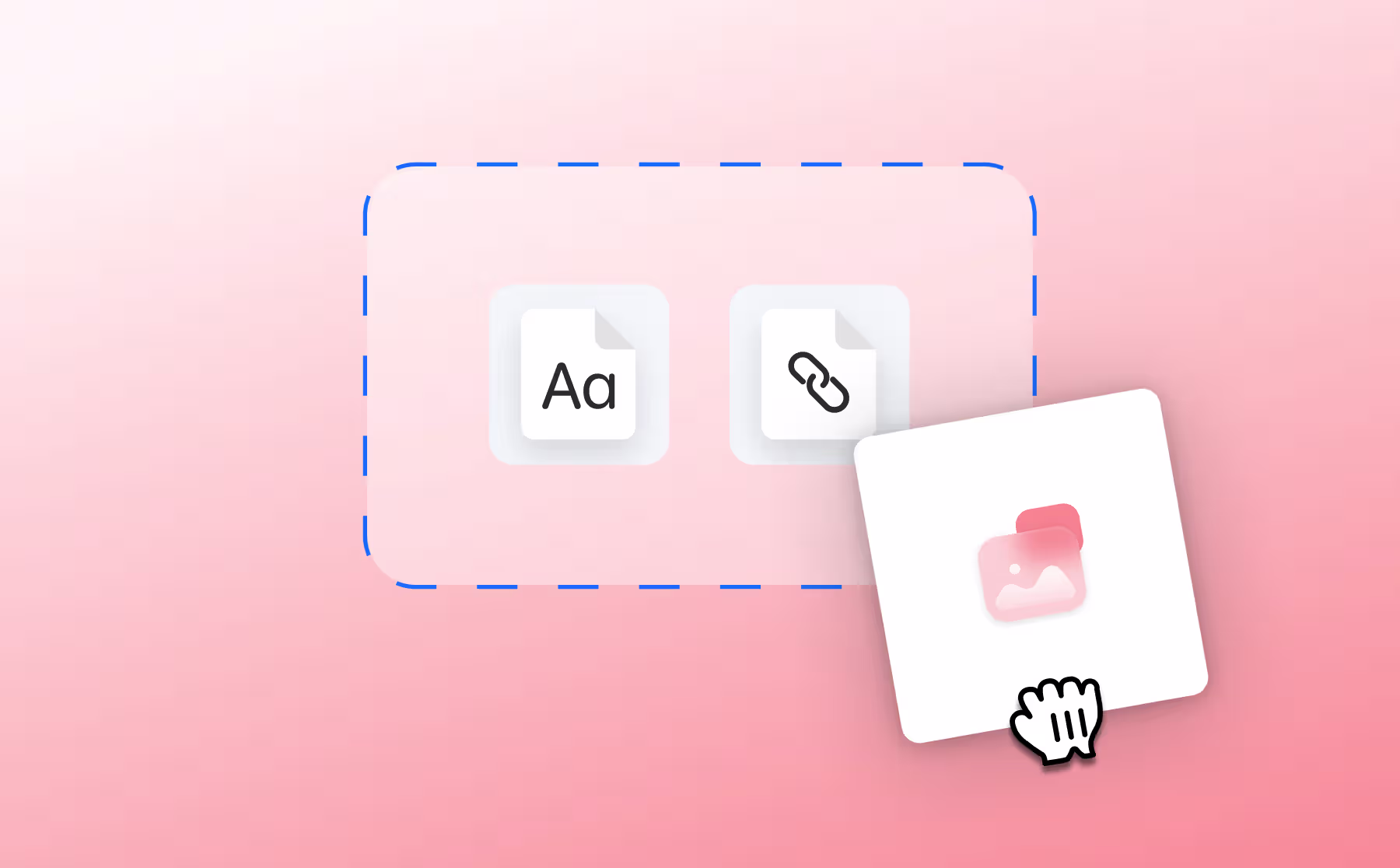 White design card showing text, link, and image icons being dragged into a pink interface.