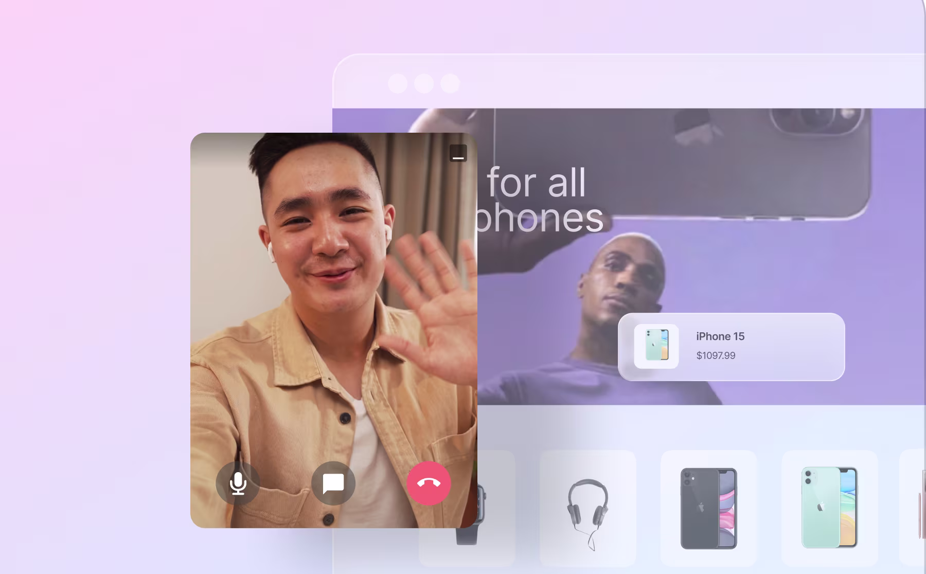 A video call interface over an e-commerce product page showing an iPhone 15 and accessory thumbnails.