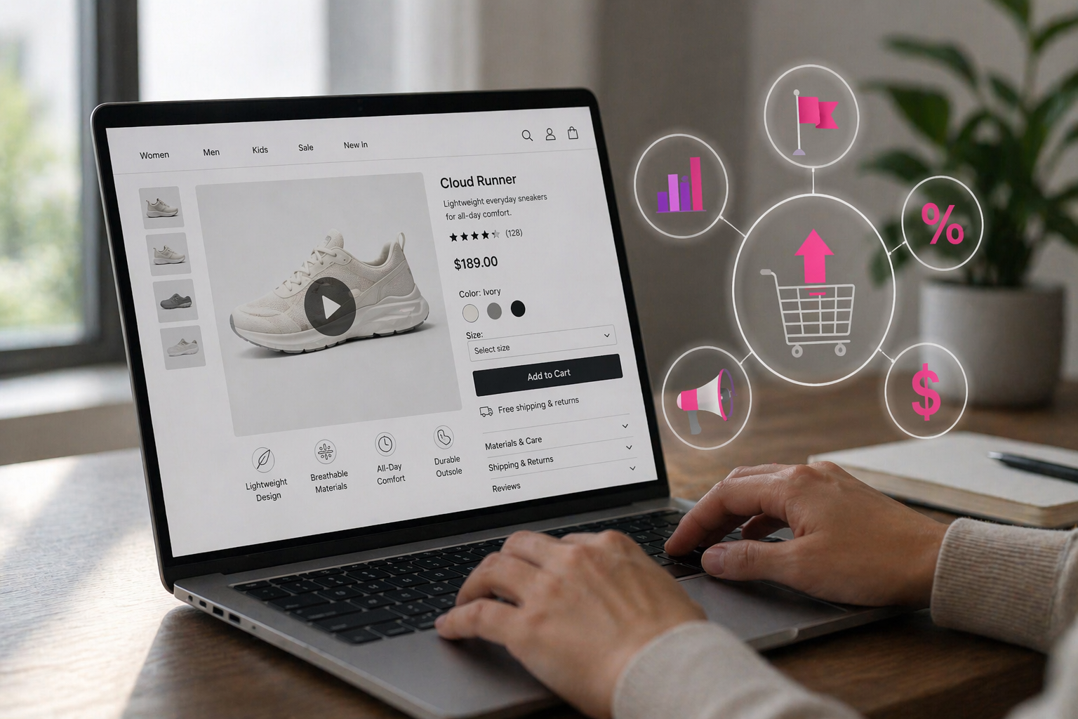 Person using a laptop displaying an ecommerce product page with a video player, alongside subtle performance and conversion icons, representing optimized online shopping experience.