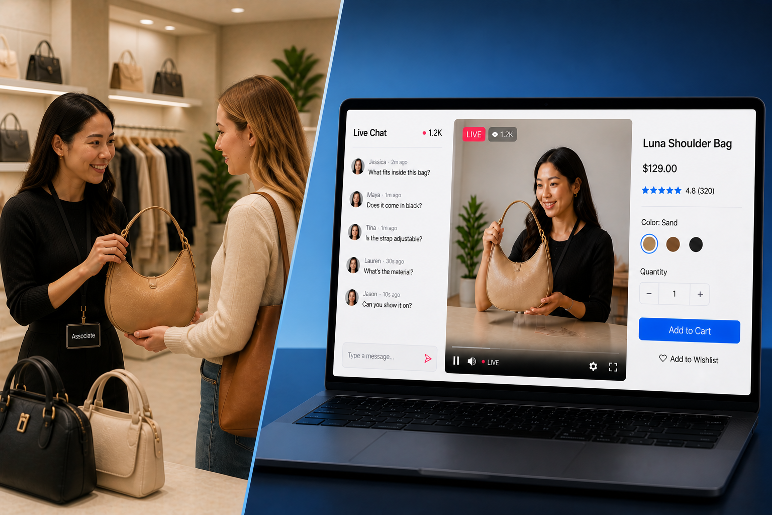 Split image of in-store shopping and a digital showroom with livestream video and chat.