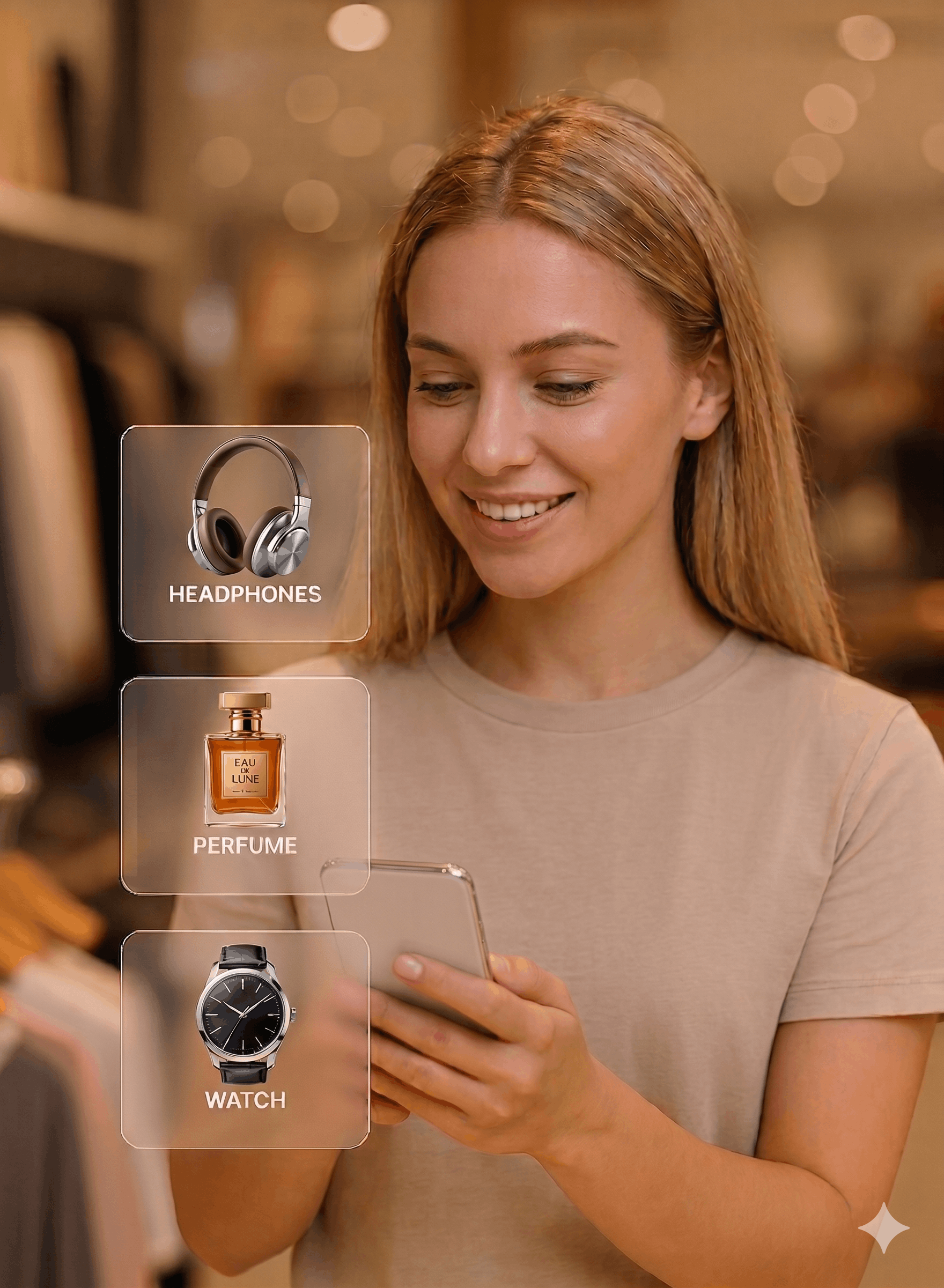 A smiling woman holds a smartphone in a clothing store, with holographic panels for headphones, perfume, and a watch floating nearby.