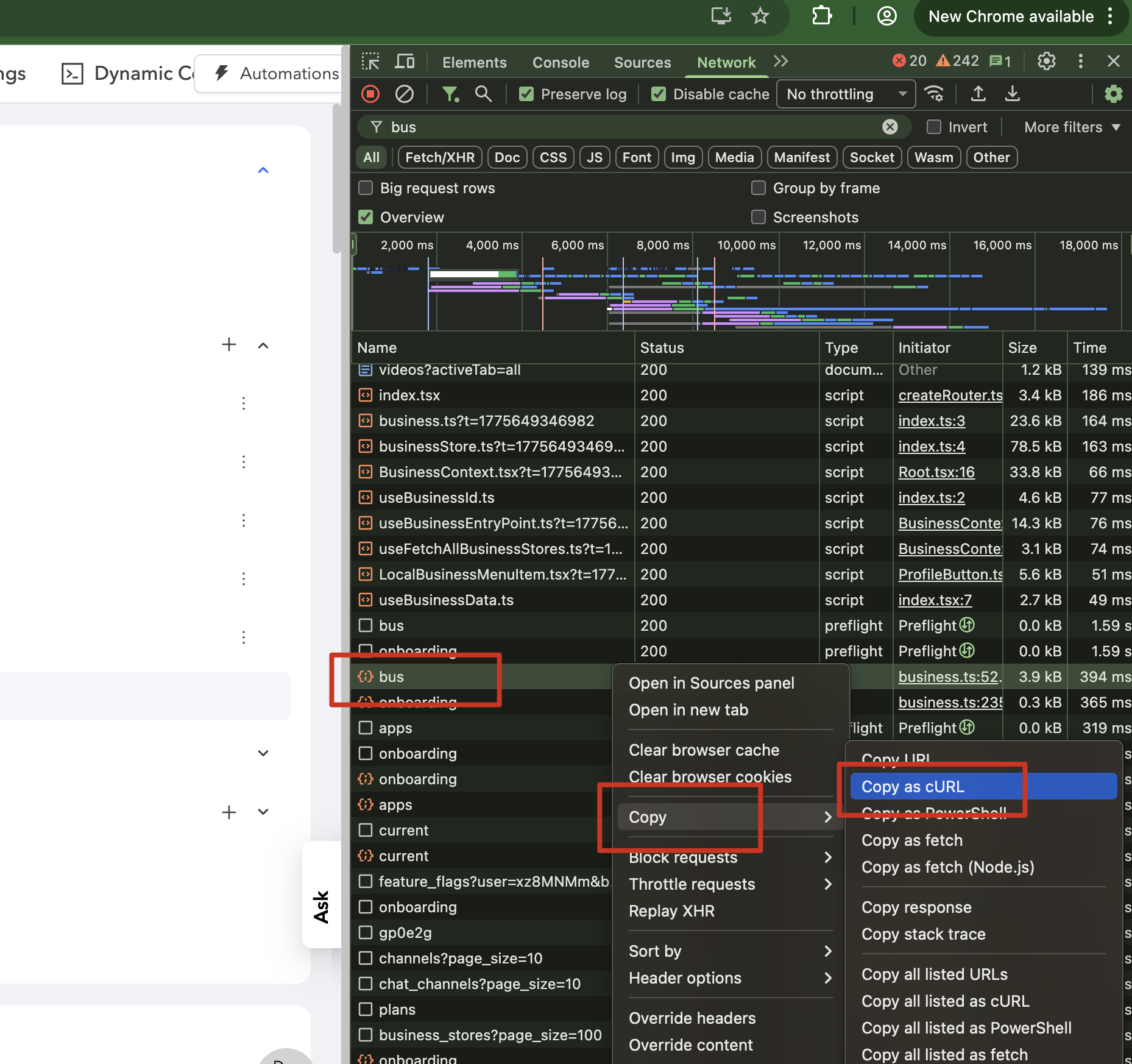 Screenshot showing Copy as cURL operation