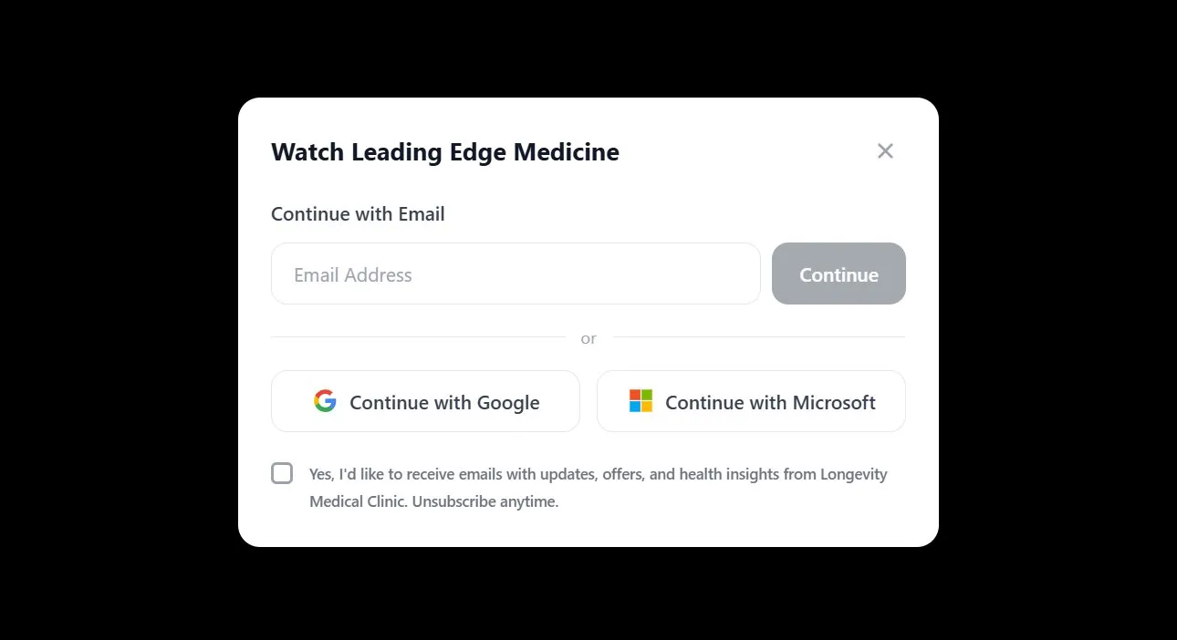 Sign-in window with email field, marketing checkbox, and Continue button