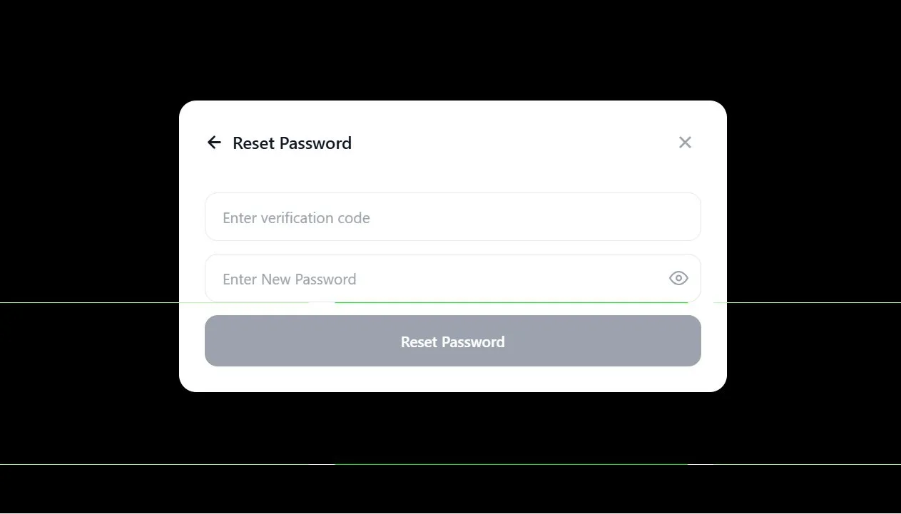 Reset password screen with verification code and new password fields