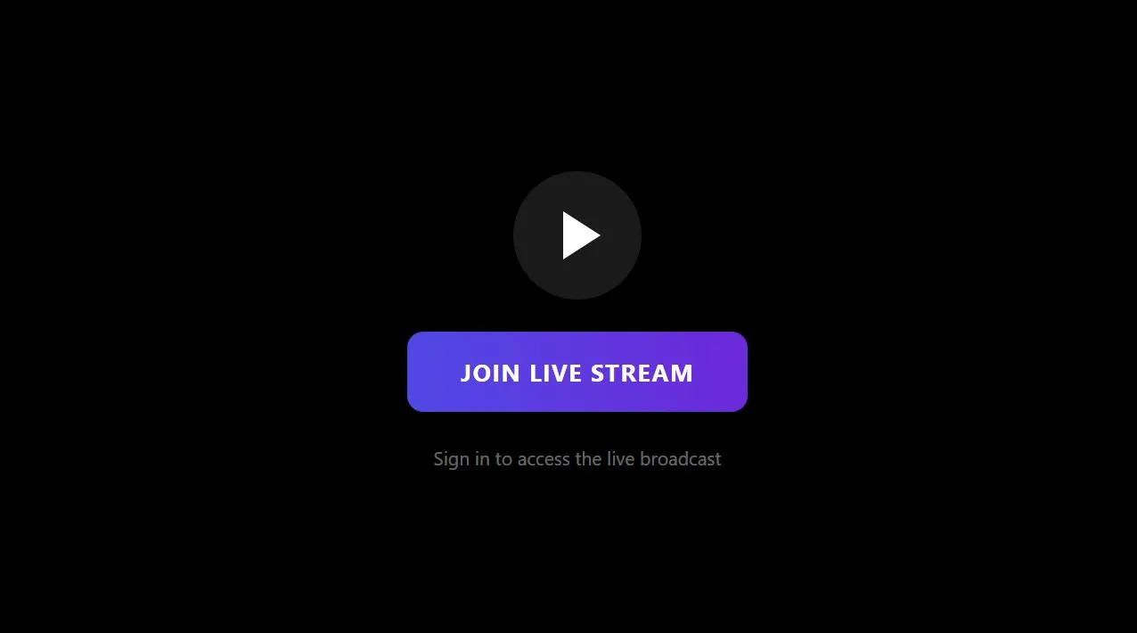 Live stream page with a dark video player and a Join Live Stream button