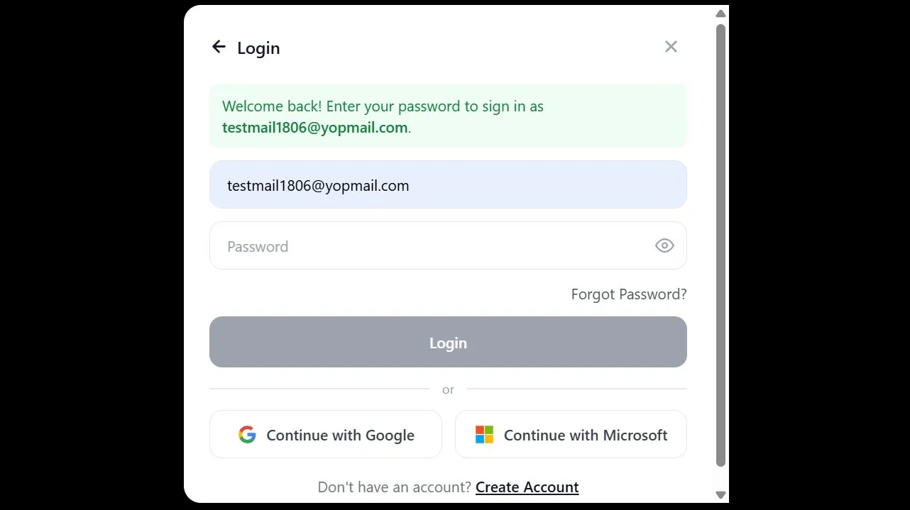 Login screen with password field