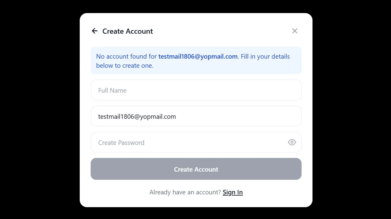 Create account form with name and password fields