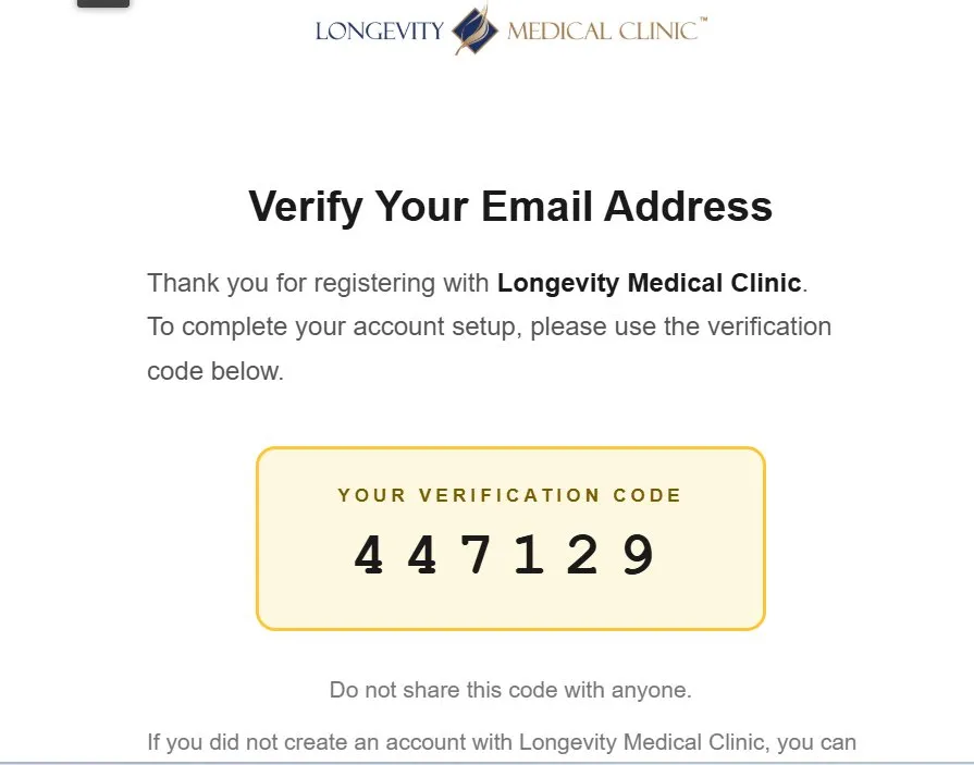 Email showing a large verification code