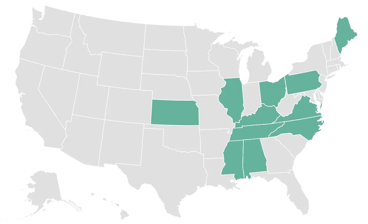 US map highlighting ASGW state branches: Alabama, Illinois, Kansas, Kentucky, Maine, Mississippi, North Carolina, Ohio, Pennsylvania, Tennessee and Virginia