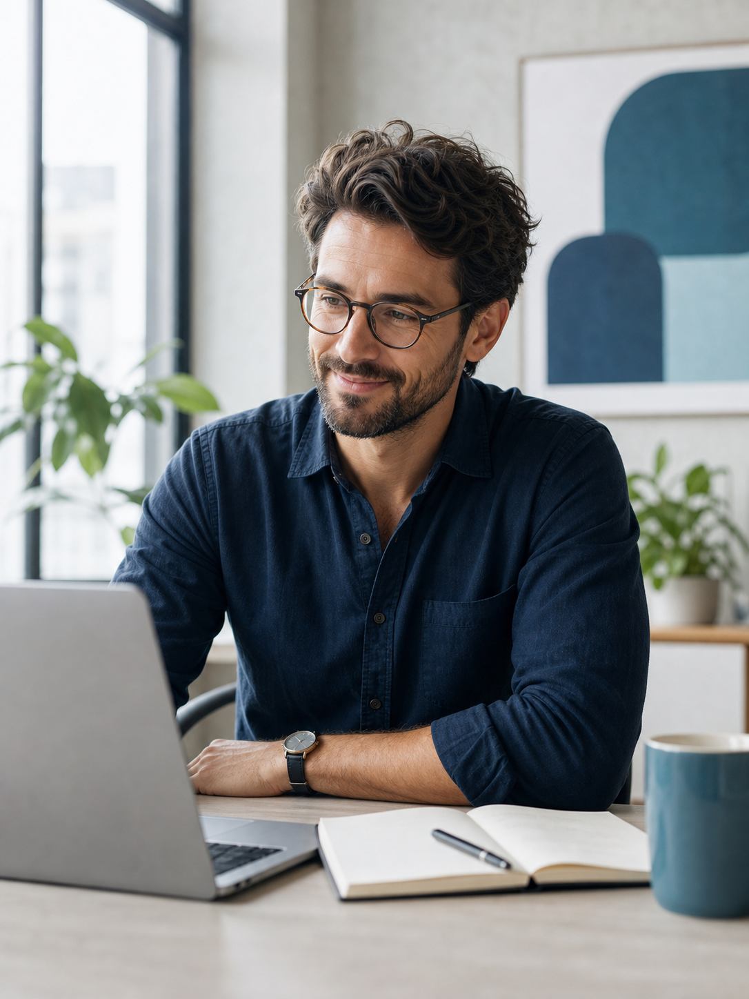 Business professional considering questions about strategy, systems, and marketing