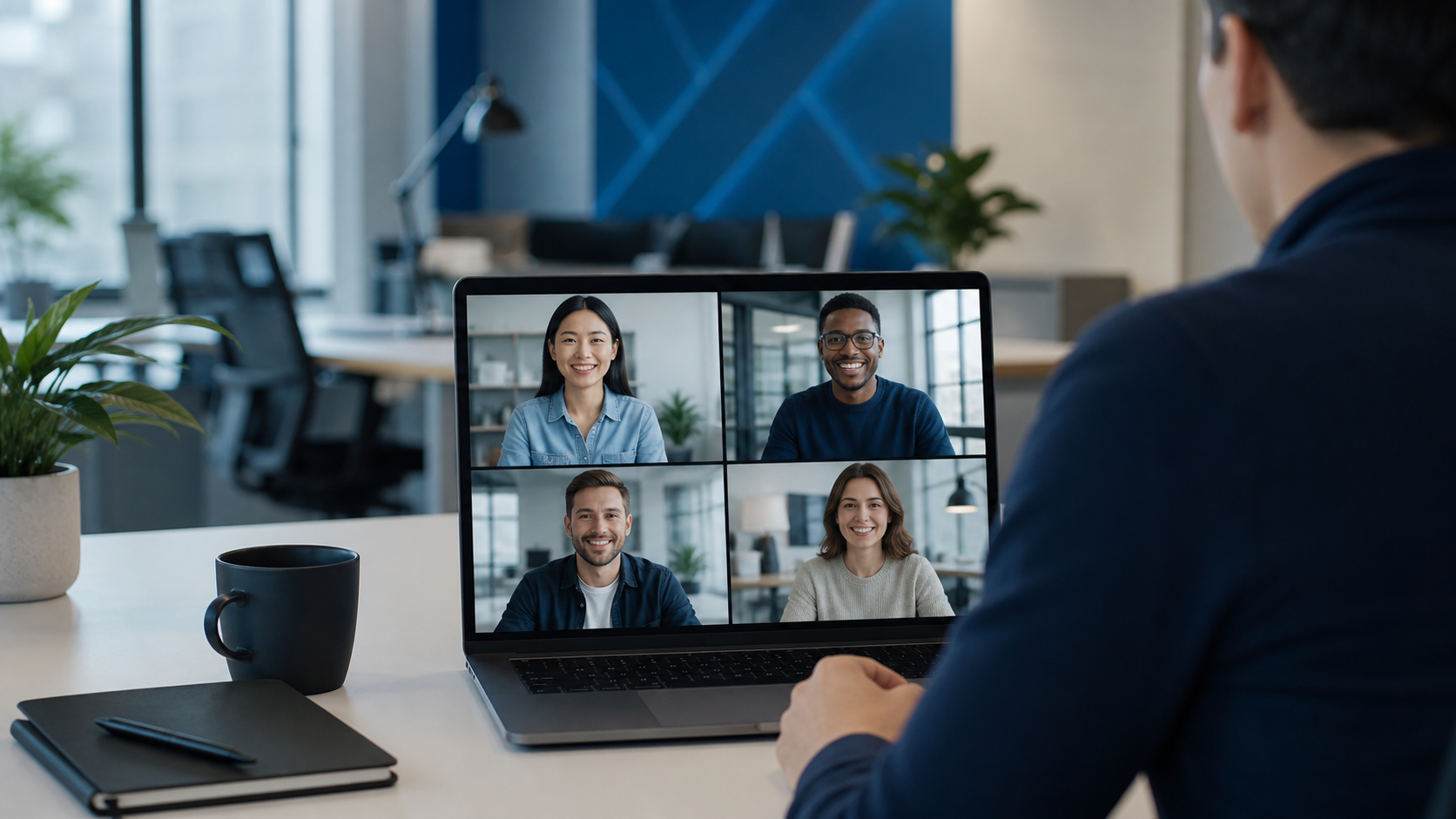 Four professionals meeting by video call on a laptop in a modern office