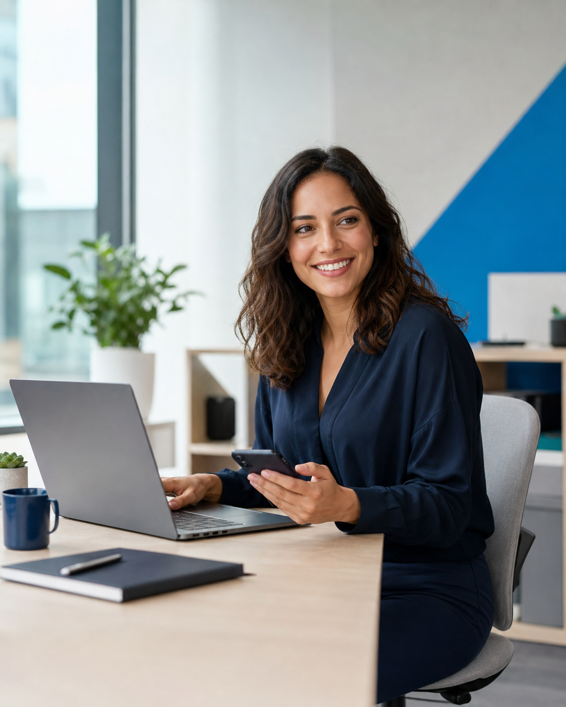 Smiling customer experience professional using a smartphone and laptop in a modern office