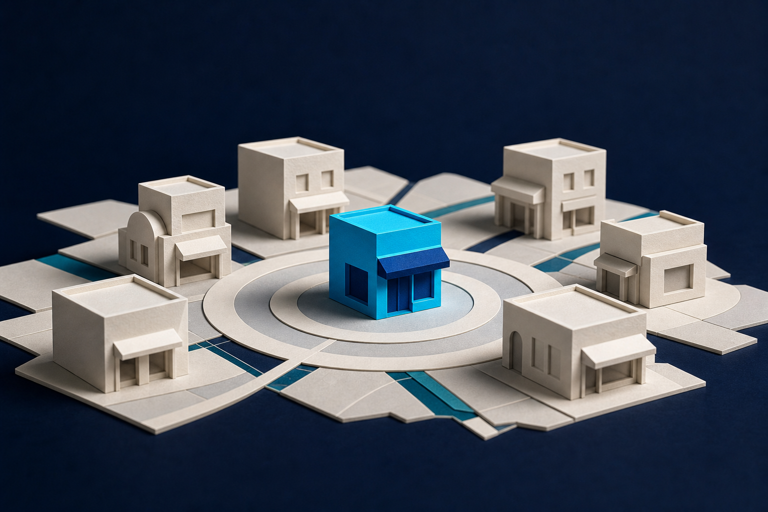 Conceptual local business neighborhood with a visible focal storefront
