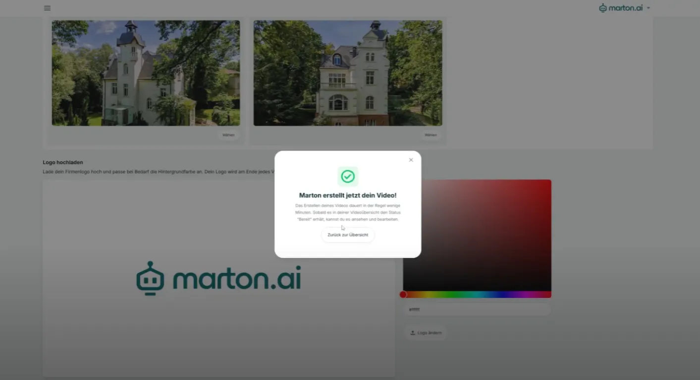 Schritt 3 in marton.ai: Logo und Branding hinzufügen, dann Video erstellen lassen