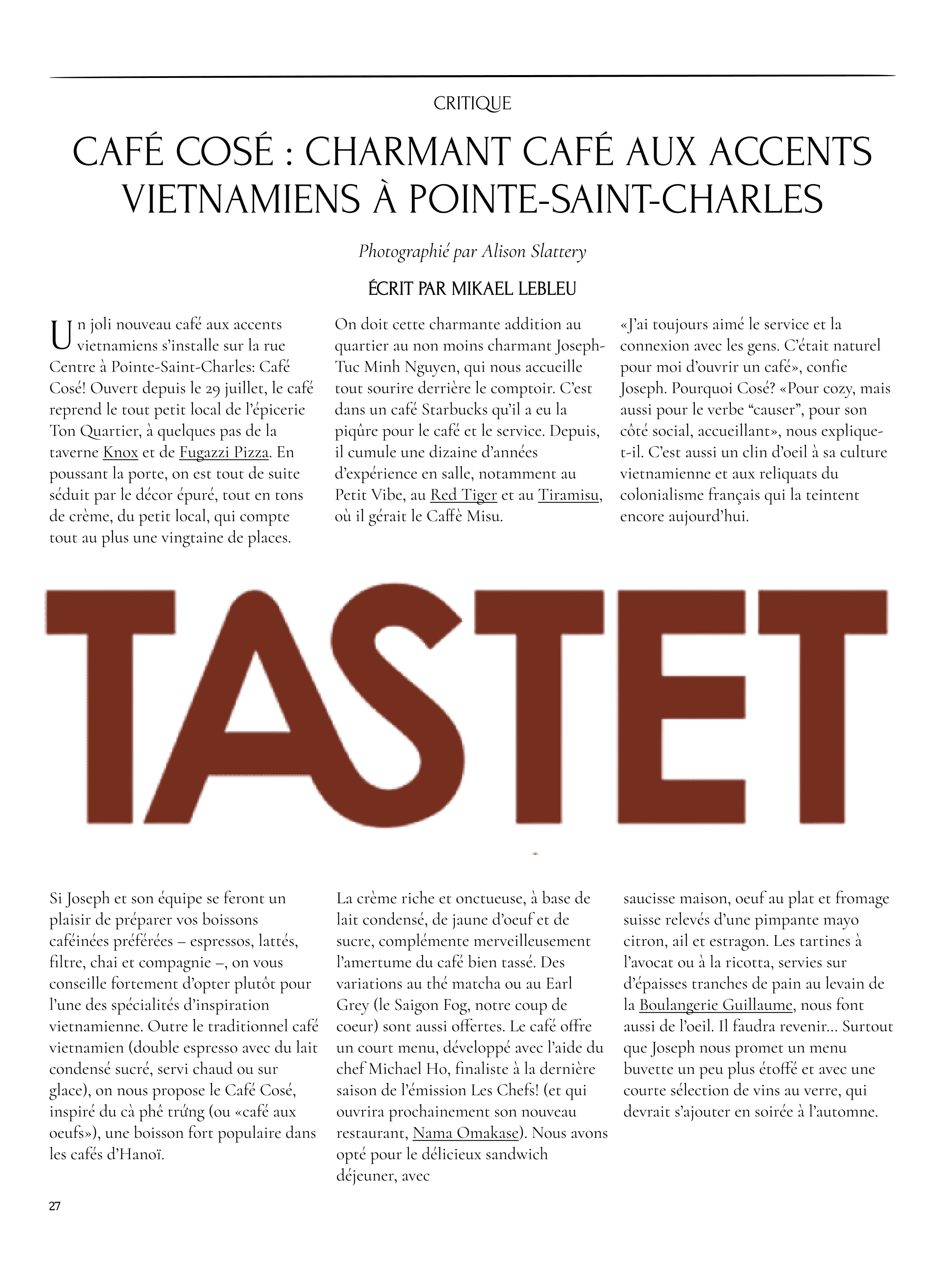 A magazine article about Cafe Cose.
