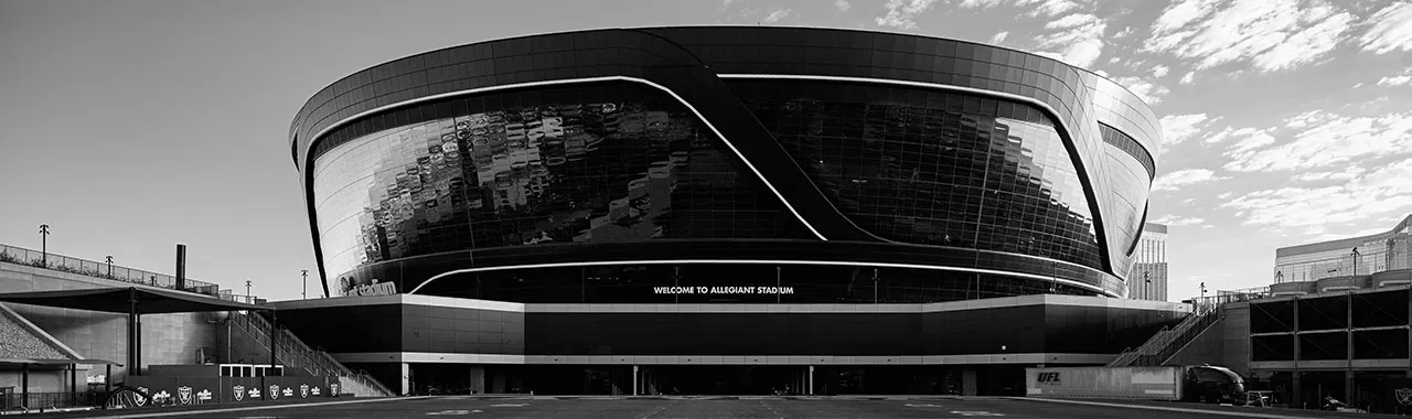 Black and white photo of Allegiant Stadium
