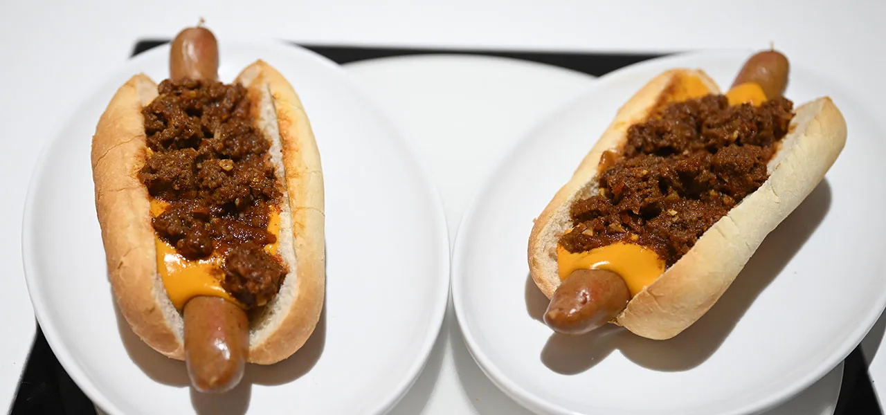 Photo of two chili dogs