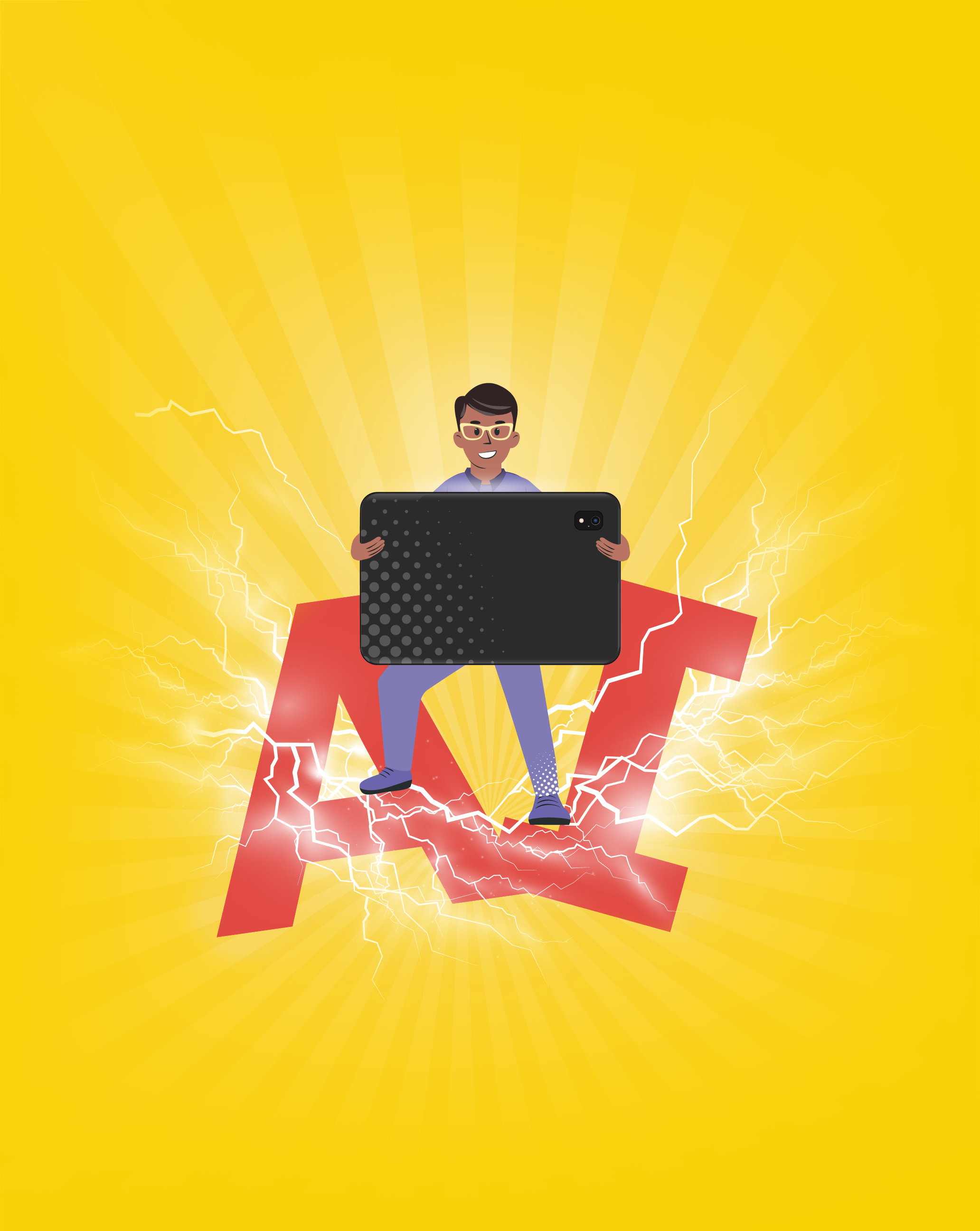 Illustration of a man standing on the letters A and I holding a tablet with electricity surrounding him.