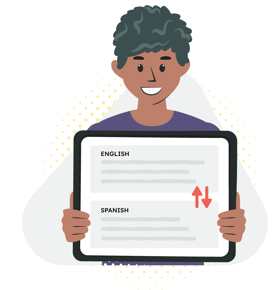 Illustration of a person holding a tablet displaying English and Spanish text sections for translation