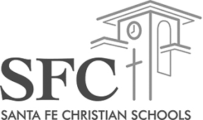 SFC logo featuring stylized church tower with cross and clock above text Santa Fe Christian Schools.