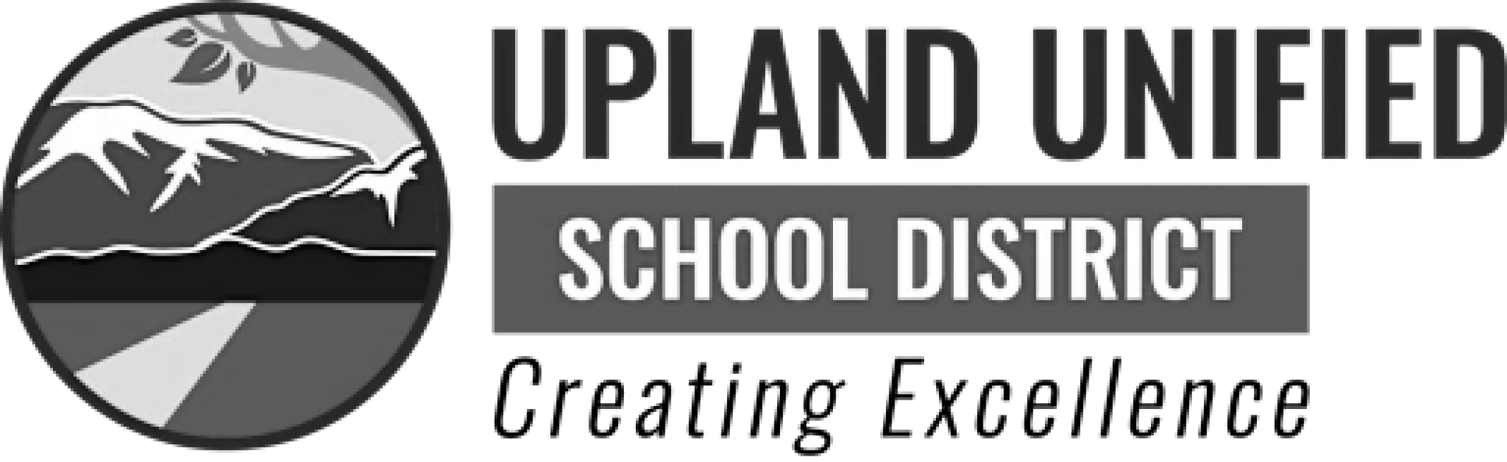 Logo of Upland Unified School District with mountain, road, tree leaf graphic, and the text Creating Excellence.