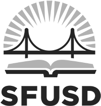 San Francisco Unified School District logo featuring the Golden Gate Bridge over an open book with stylized sun rays above.