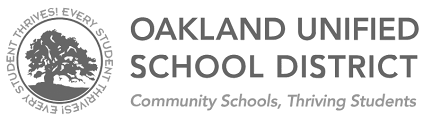 Logo of Oakland Unified School District featuring a tree encircled by the text 'Every Student Thrives!' with the tagline 'Community Schools, Thriving Students'.