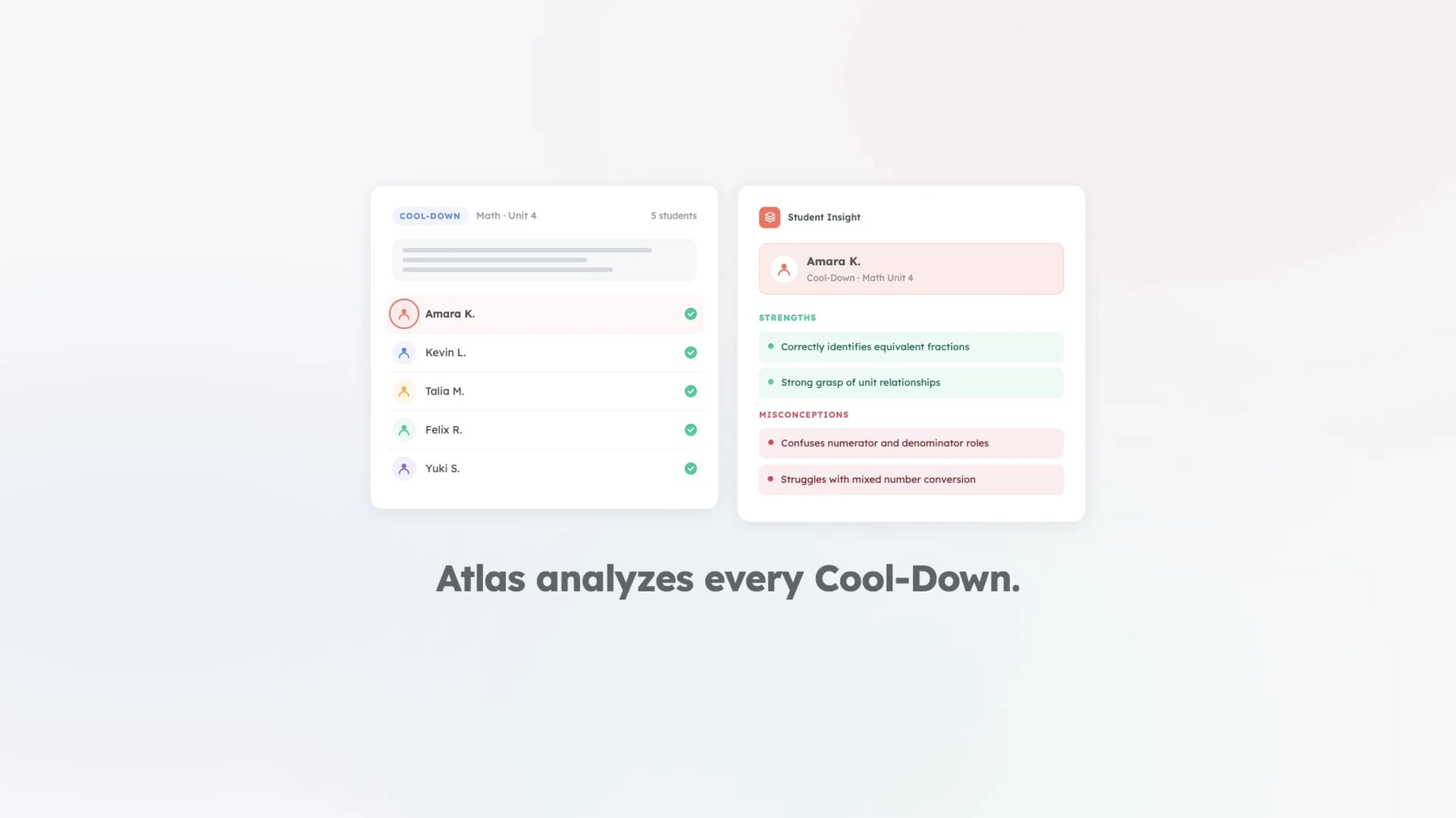 Atlas interface demonstrating automated student grouping from cool-down data