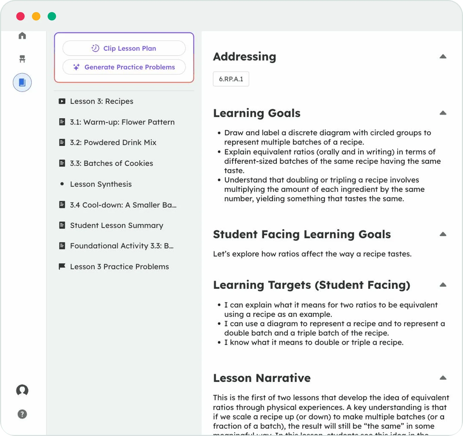 A Kiddom IM v.360 lesson page. The left column lists the lesson parts in order: Warm-up: Flower Pattern, Powdered Drink Mix, Batches of Cookies, Lesson Synthesis, Cool-down: A Smaller Batch of Lemonade, Student Lesson Summary, Foundational Activity 3.3, and Lesson 3 Practice Problems. The main column shows the standard 6.RP.A.1, the learning goals, and the lesson narrative.