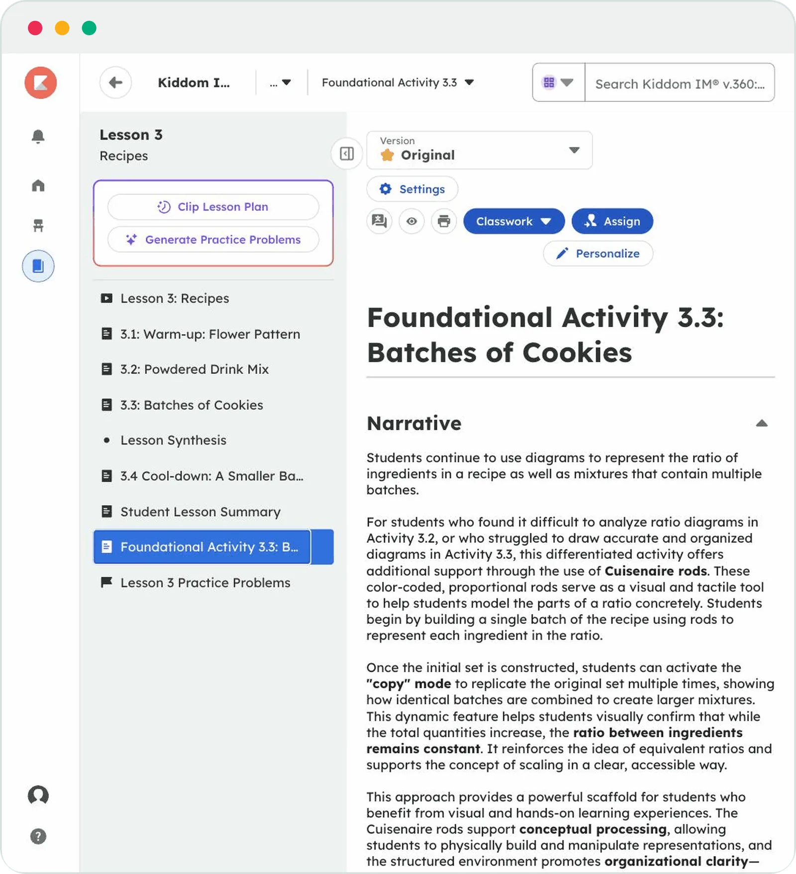 Foundational Activity 3.3: Batches of Cookies in Kiddom. The narrative explains that students who found it difficult to analyze ratio diagrams get additional support through Cuisenaire rods, color-coded proportional rods that make the ratio of ingredients concrete. The same Personalize button appears at the top.
