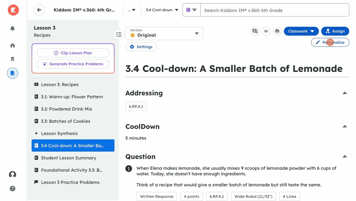 The cool-down page in Kiddom with the Personalize button at the top right.
