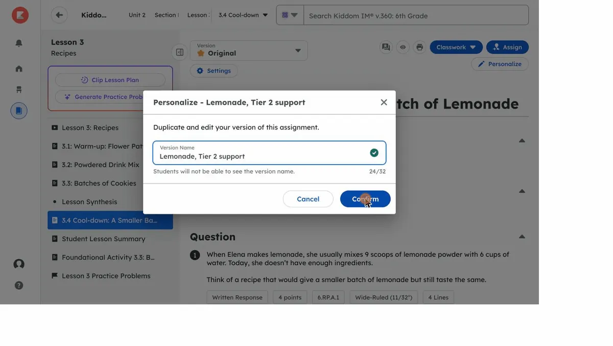 The version named Lemonade, Tier 2 support, with the Confirm button highlighted.