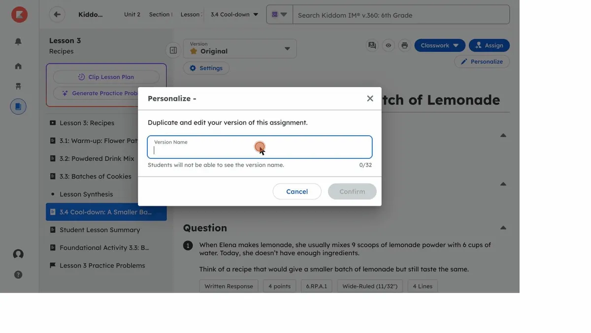 A Personalize dialog reading Duplicate and edit your version of this assignment, with a Version Name field.