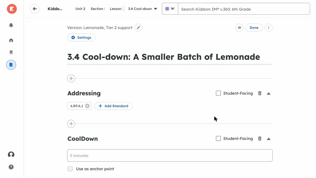 The editor open on the new version, labelled Version: Lemonade, Tier 2 support, with Settings and Done buttons.
