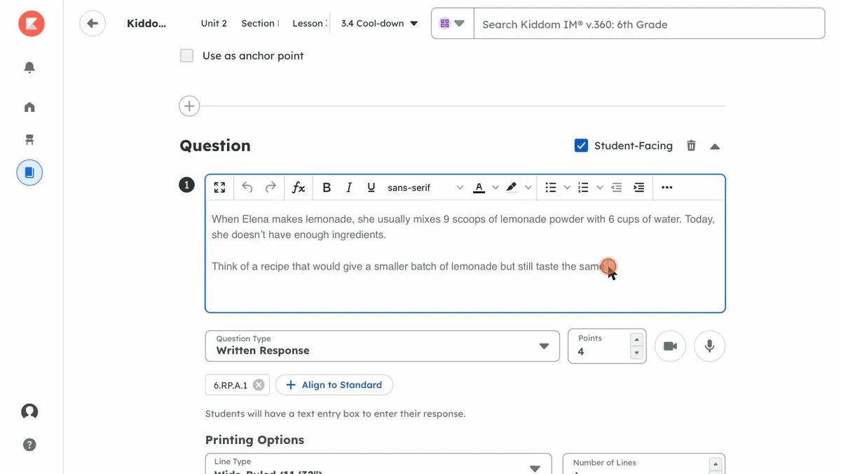 The cool-down question open in a text editor with a formatting toolbar.