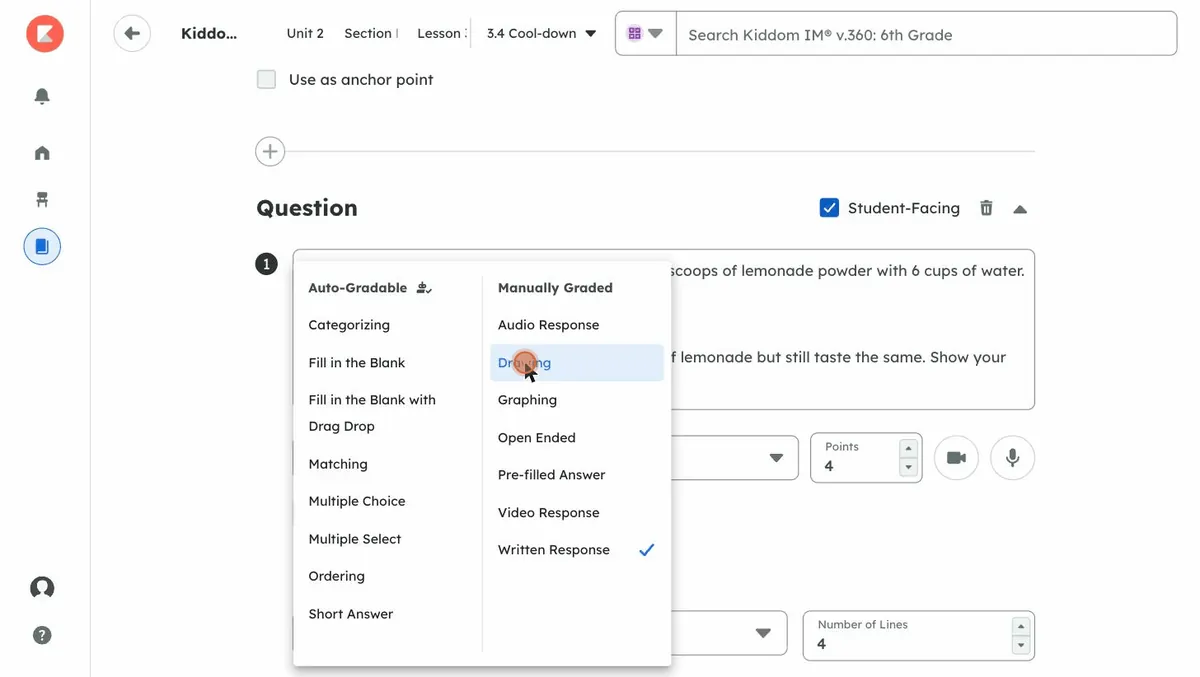 The Question Type menu, listing auto-gradable types such as Multiple Choice and Matching, and manually graded types such as Drawing and Audio Response.