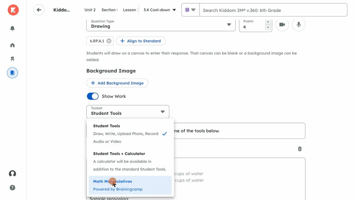 The Show Work toggle on, with a Toolset menu offering Student Tools, Student Tools plus Calculator, and Math Manipulatives.
