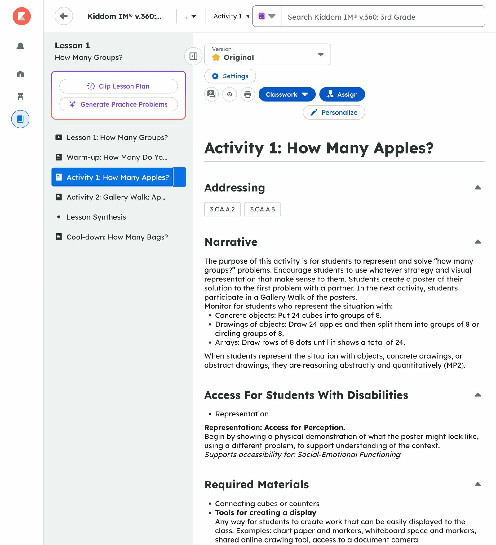 The Kiddom Math activity page for Activity 1: How Many Apples? The Narrative tells the teacher to monitor for students who use concrete objects (put 24 cubes into groups of 8), drawings of objects, or arrays. Required Materials lists connecting cubes or counters and tools for creating a display.