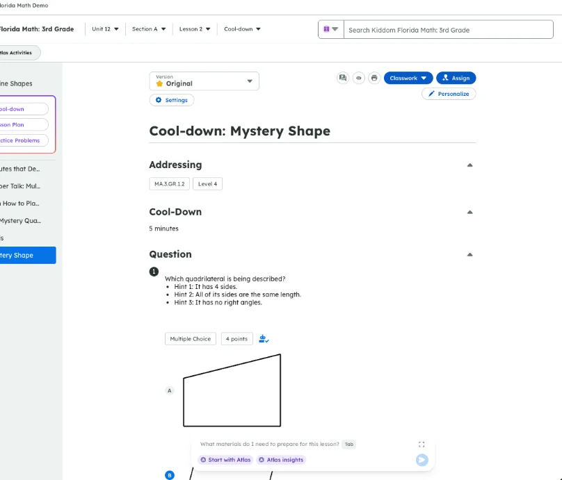 Teacher view of a lesson question with standards, cool-down timing and an Atlas prompt