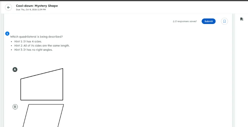Student view of the same cool-down question with hints