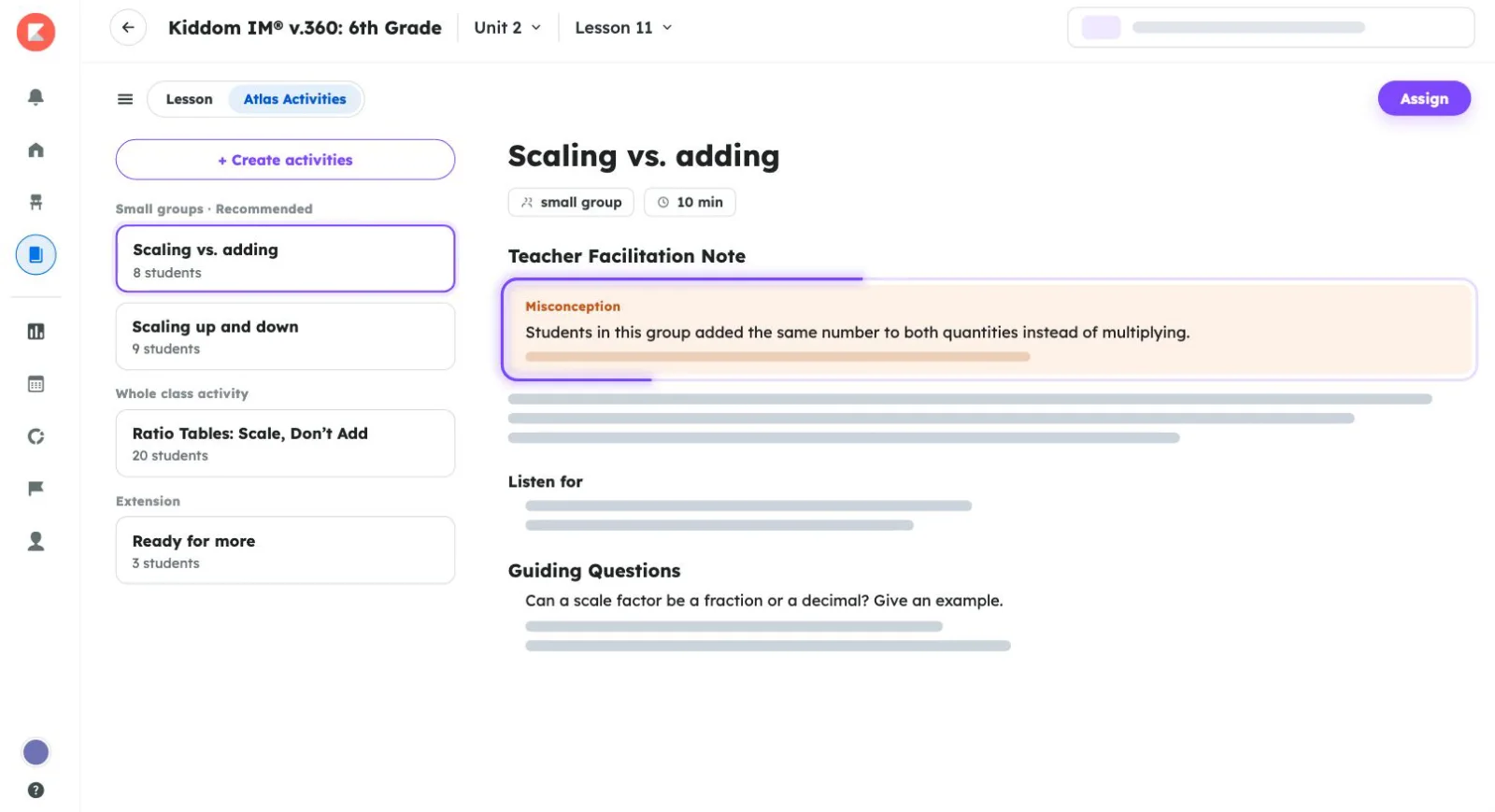 Atlas Activities for Lesson 11. The selected small group, Scaling vs. adding, 10 minutes, opens a Teacher Facilitation Note whose Misconception callout reads: Students in this group added the same number to both quantities instead of multiplying. Listen for and Guiding Questions sections follow.