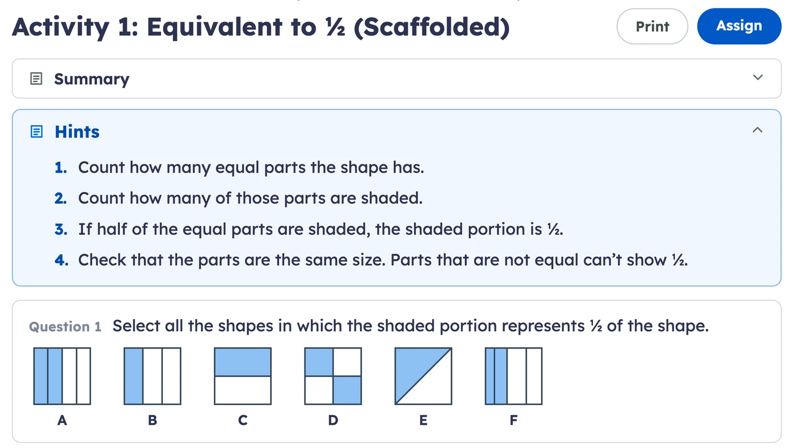 A scaffolded Grade 3 Kiddom Math activity, Activity 1: Equivalent to ½ (Scaffolded). A Hints section lists four steps: count the equal parts, count the shaded parts, check whether half are shaded, and check that the parts are the same size. Below it is the original question with six shaded shapes.