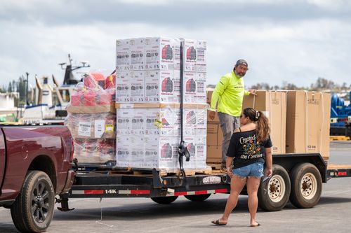 Relief supplies loaded on a trailer at the harbor