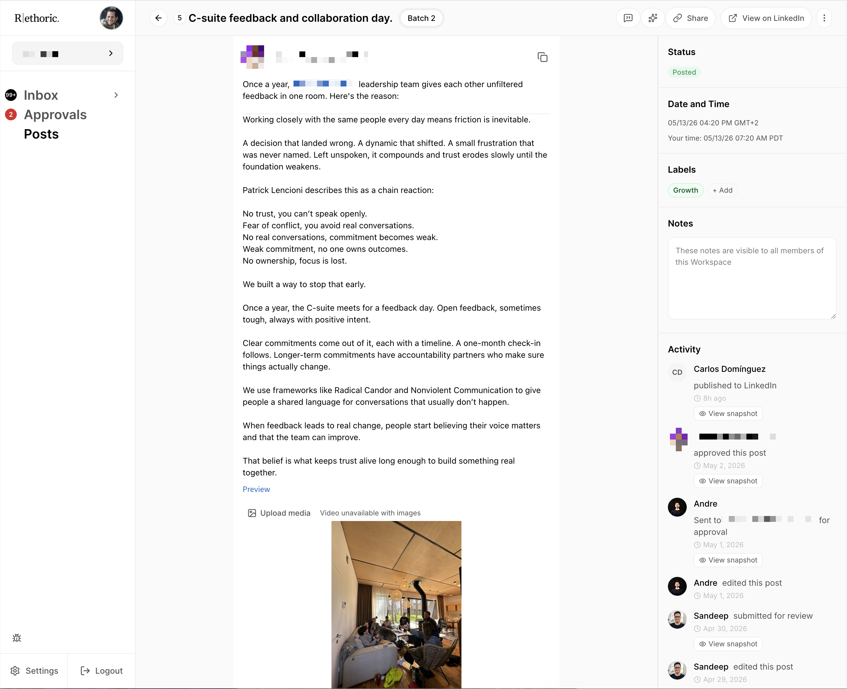 Rethoric post editor with inline comments