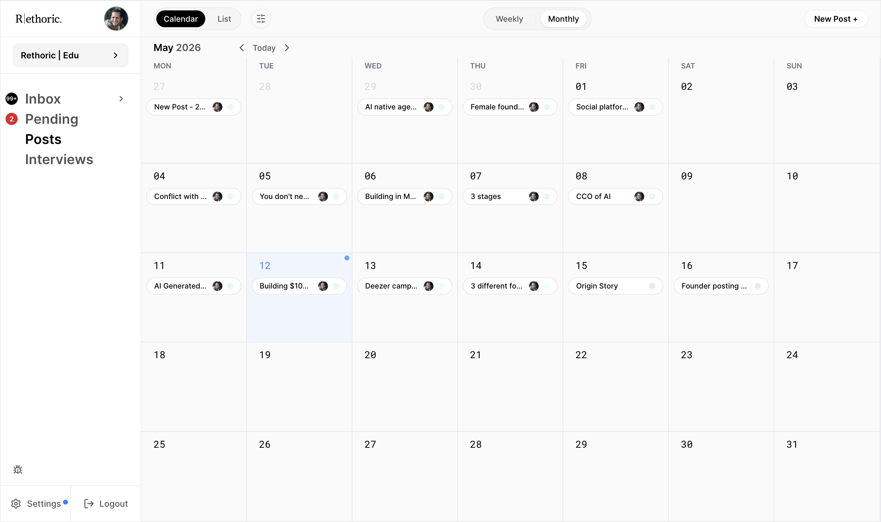 Rethoric shared content calendar