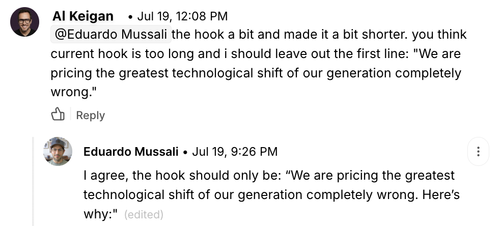 Inline comment thread between teammates on a Rethoric post