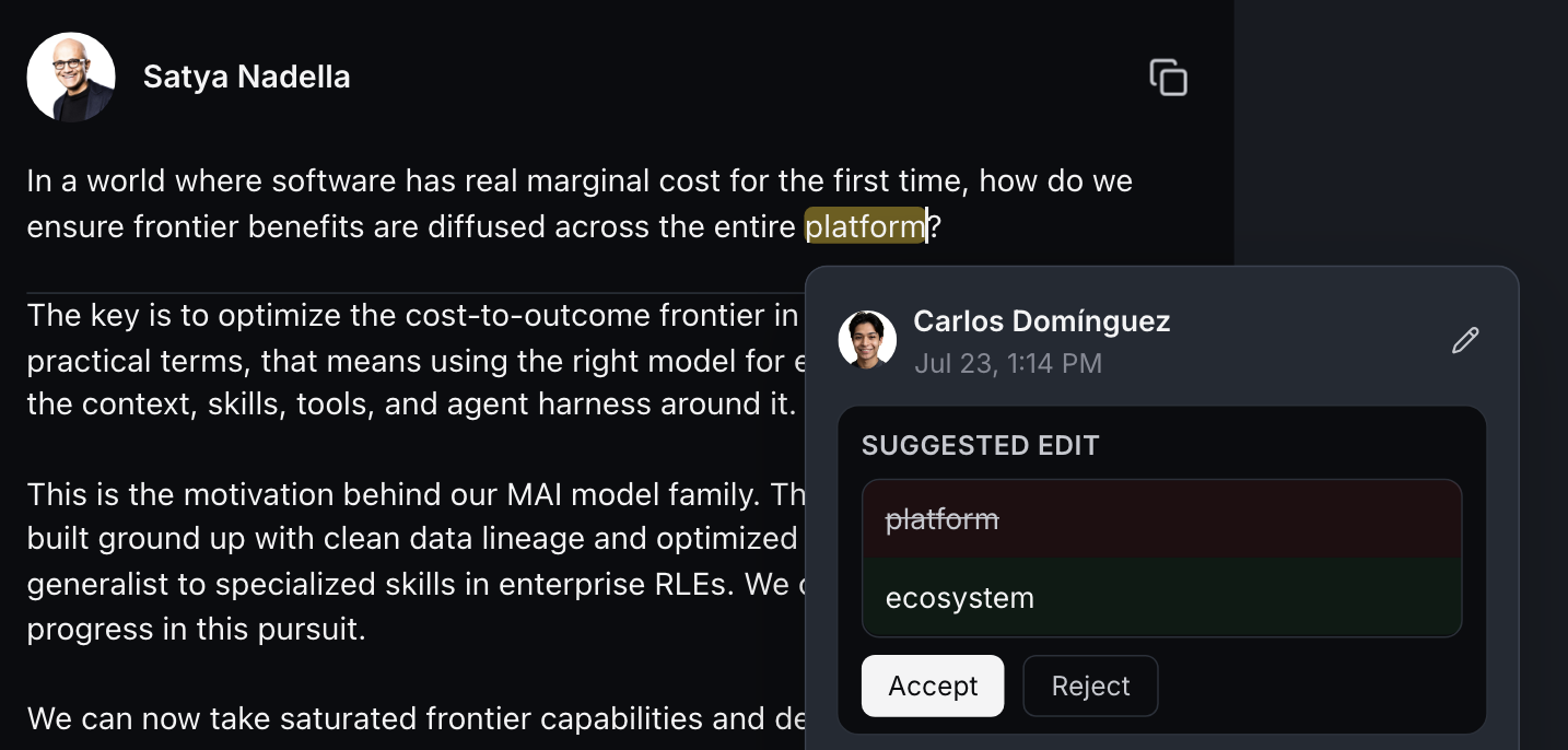 Inline suggested edit on a post with accept and reject options