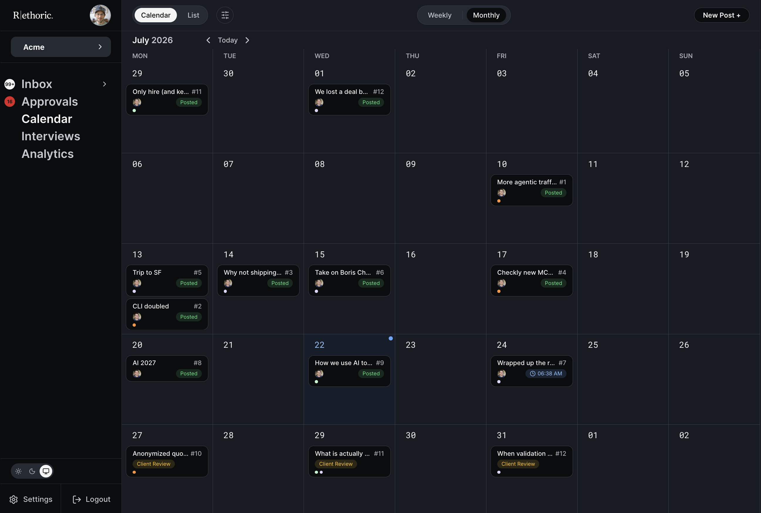 Shared LinkedIn content calendar for a comms team managing multiple executive profiles