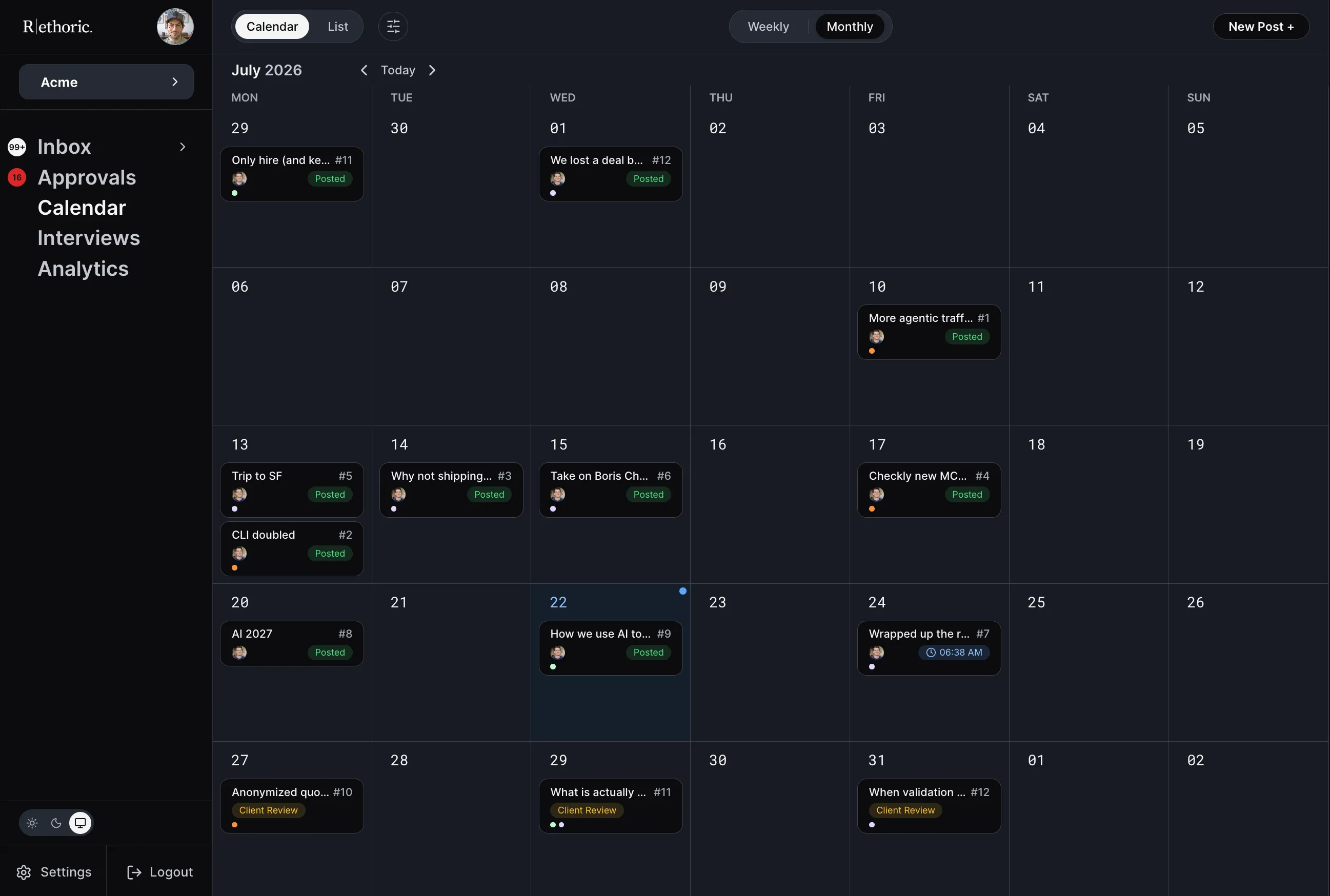 Shared LinkedIn content calendar for a comms team managing multiple executive profiles